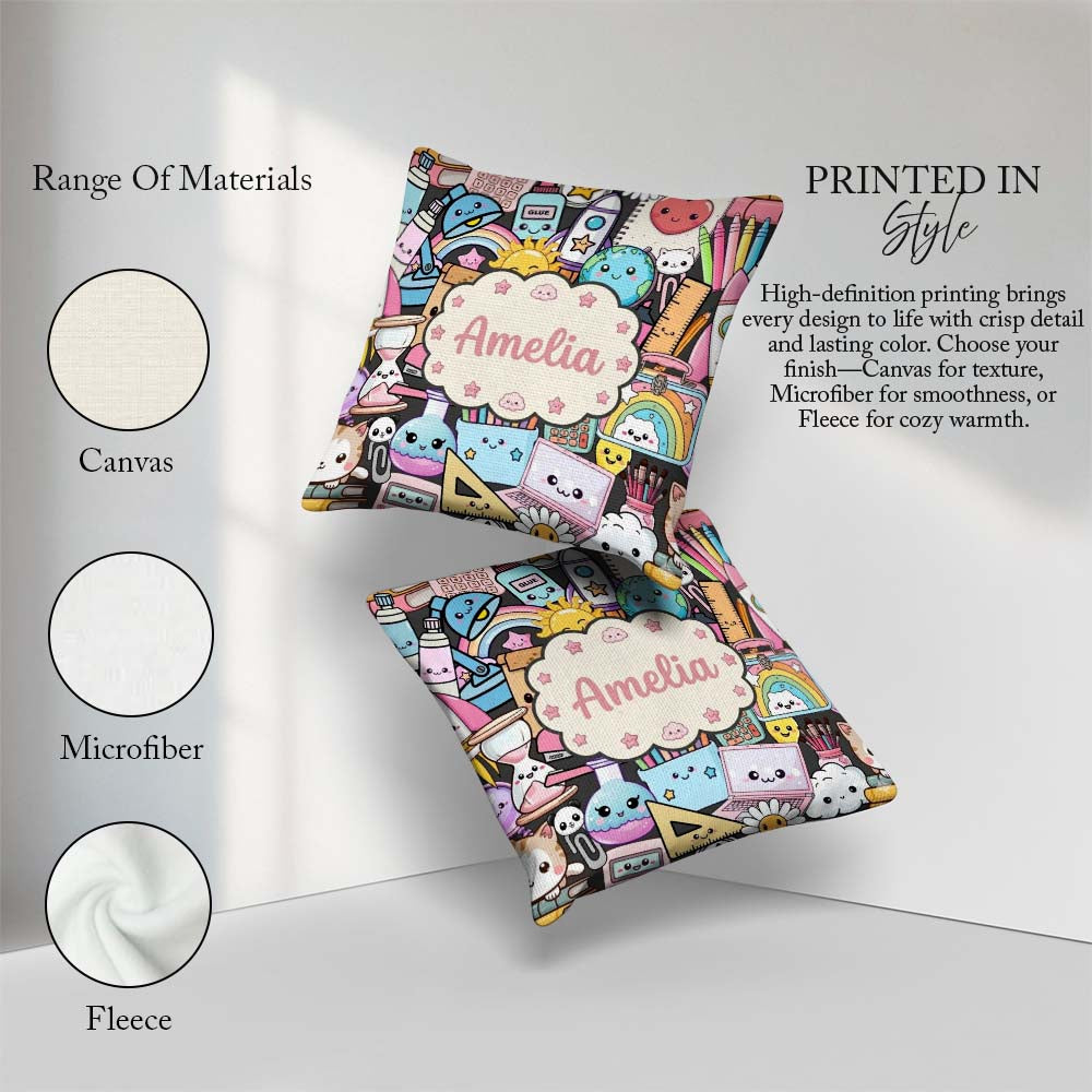Custom Name Cute Kawaii School Supplies Science Art Pattern Dark Square Filled Cushion Throw Pillow Sofa Bed Home Decor Zip Washable UK Made