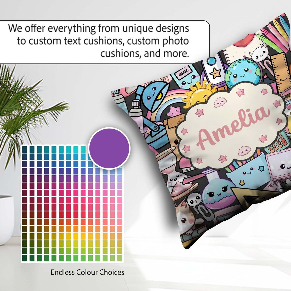 Custom Name Cute Kawaii School Supplies Science Art Pattern Dark Square Filled Cushion Throw Pillow Sofa Bed Home Decor Zip Washable UK Made