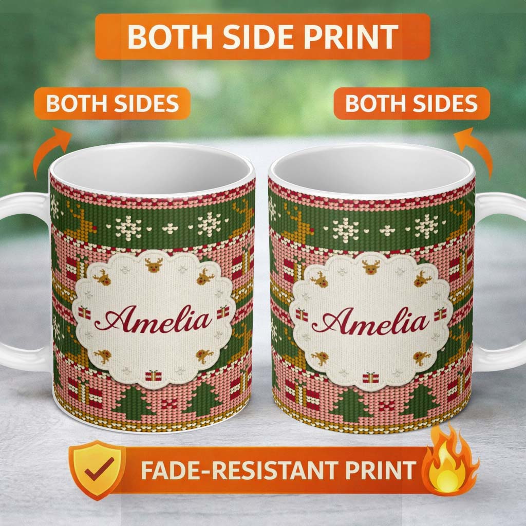Personalized Custom Name Scandinavian Deer Gift Snowflake Knit Green Pink Christmas Festive 11oz Ceramic Coffee Tea Mug White Large Handle