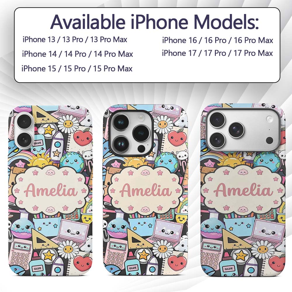 Cute Kawaii School Supplies Science Art Cute Custom Name Protective Phone Case Mobile Cover Durable Everyday Smartphone Shock Resistant