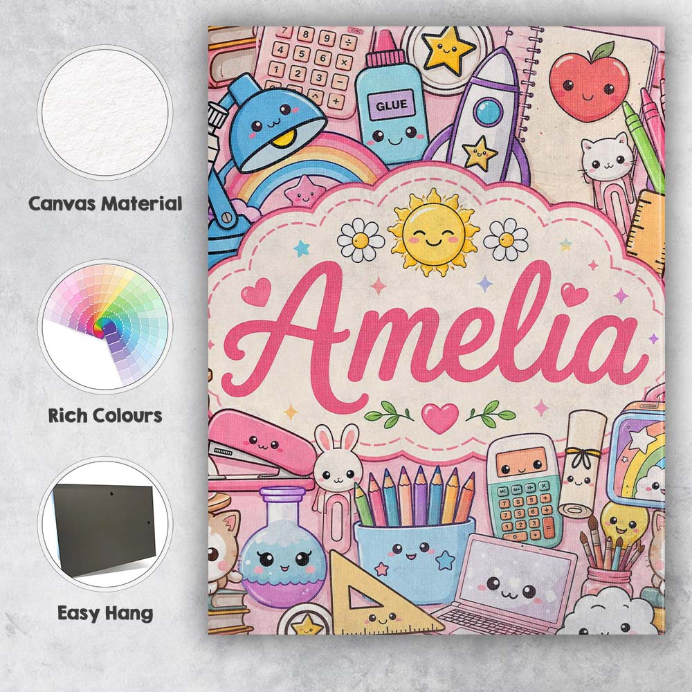 Personalised Name Cute Kawaii School Custom Premium Decorative Design Modern Room Accent Canvas Wall Art Print Decor Picture Ready to Hang