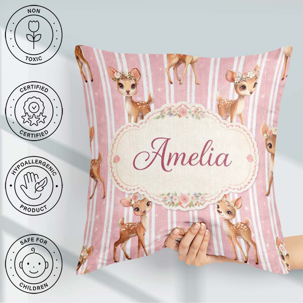 Custom Name Baby Deer Pink Stripes Floral Crown Seamless Pattern Square Filled Cushion Throw Pillow Sofa Bed Home Decor Zip Washable UK Made