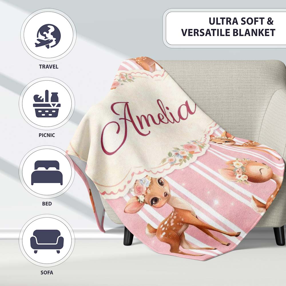 Cute Baby Deer Pink Stripes Floral Crown Seamless Pattern Lovely Personalised Custom Name Super Soft Fleece Blanket Bed Sofa Throw