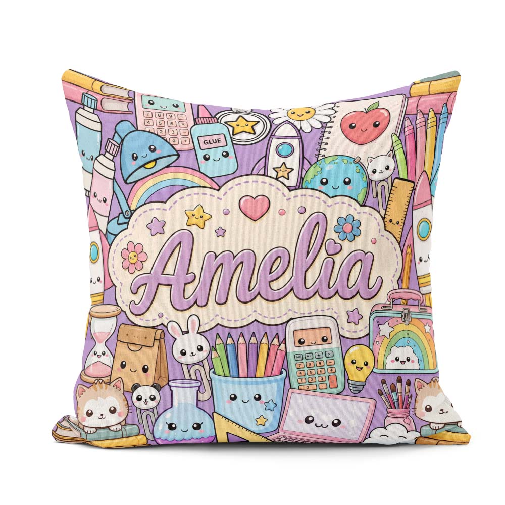 Custom Name Kawaii School Supplies Science Art Pattern Purple Square Filled Cushion Throw Pillow Sofa Bed Home Decor Zip Washable UK Made