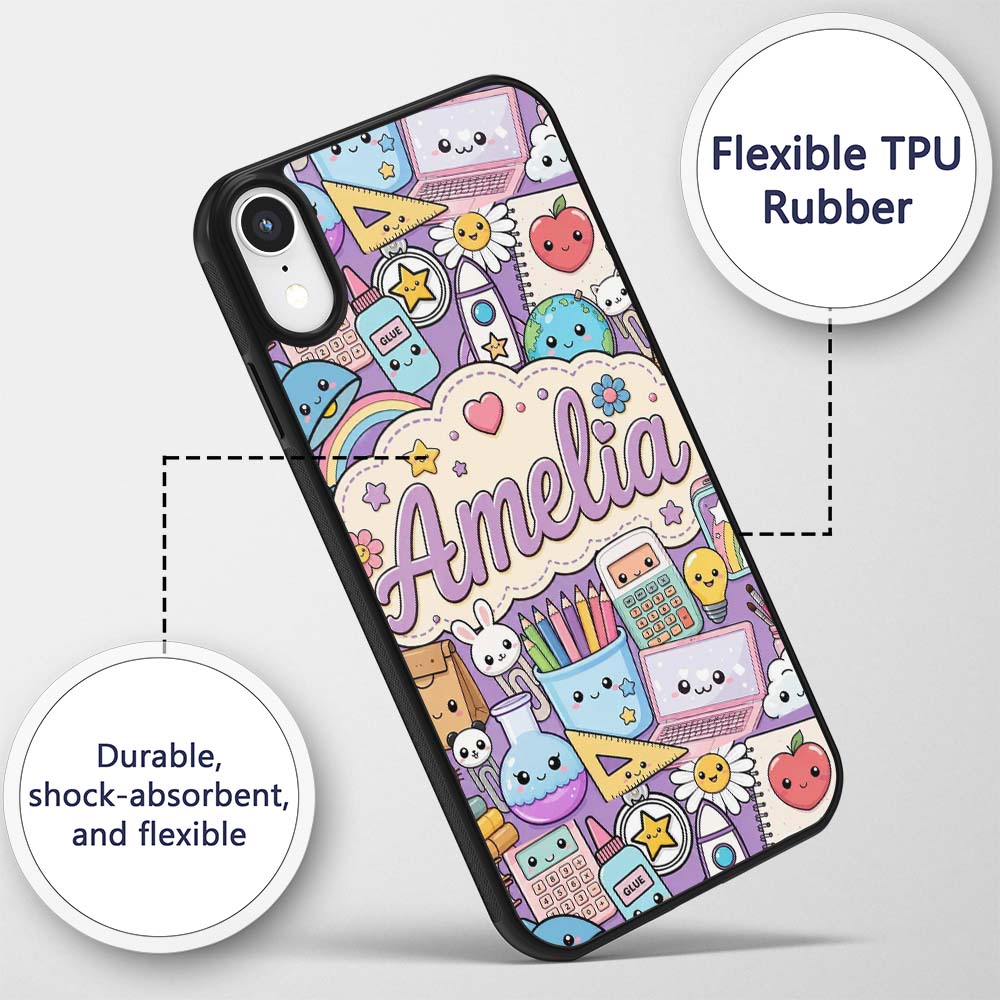 Cute Kawaii School Supplies Science Art Cute Custom Name Protective Phone Case Mobile Cover Durable Everyday Smartphone Shock Resistant