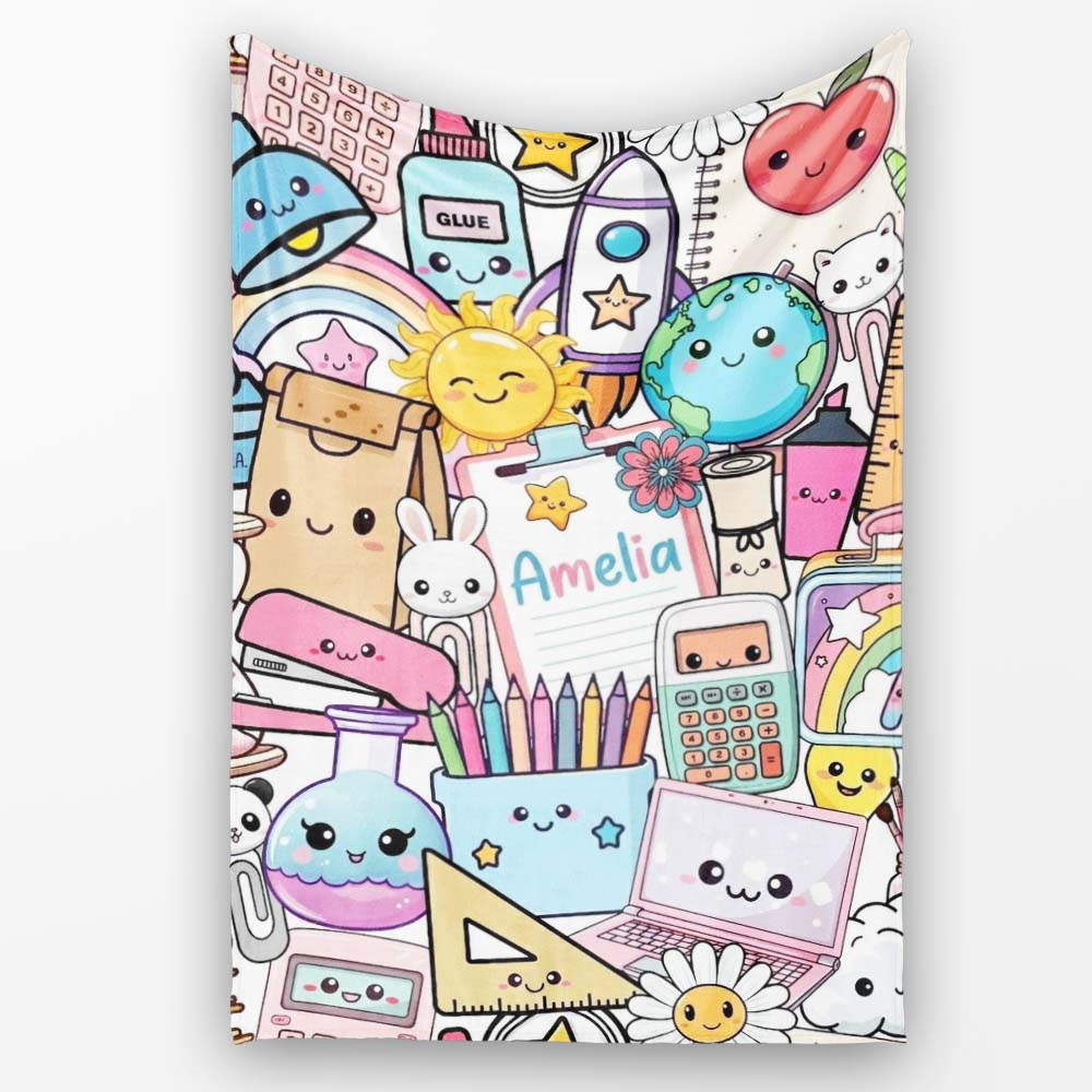 Cute Kawaii School Supplies Science Art Cute Pattern Grey Background Personalised Custom Name Super Soft Fleece Blanket Bed Sofa Throw