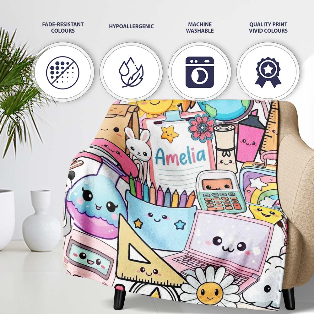 Cute Kawaii School Supplies Science Art Cute Pattern Grey Background Personalised Custom Name Super Soft Fleece Blanket Bed Sofa Throw