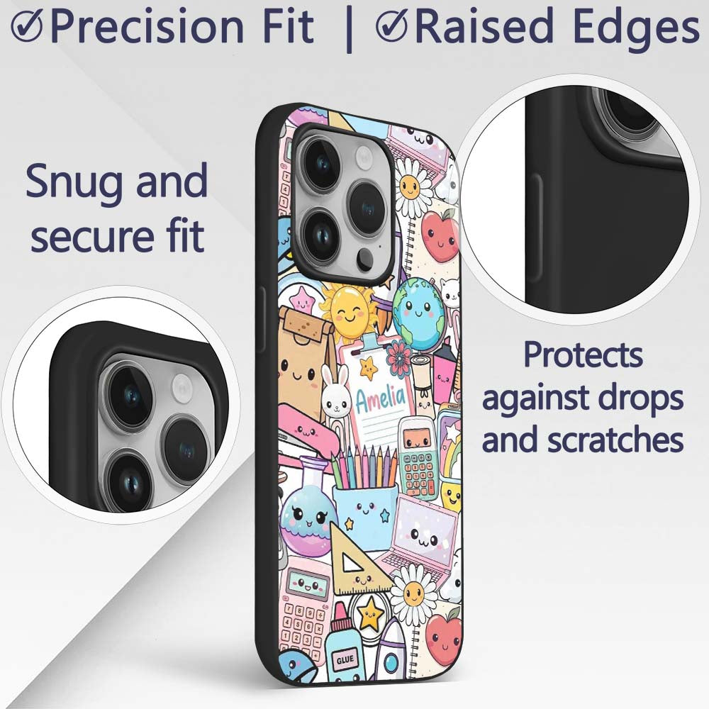 Cute Kawaii School Supplies Science Art Cute Custom Name Protective Phone Case Mobile Cover Durable Everyday Smartphone Shock Resistant