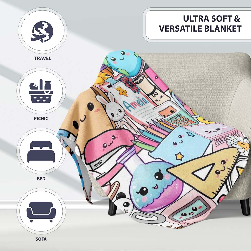 Cute Kawaii School Supplies Science Art Cute Pattern Grey Background Personalised Custom Name Super Soft Fleece Blanket Bed Sofa Throw