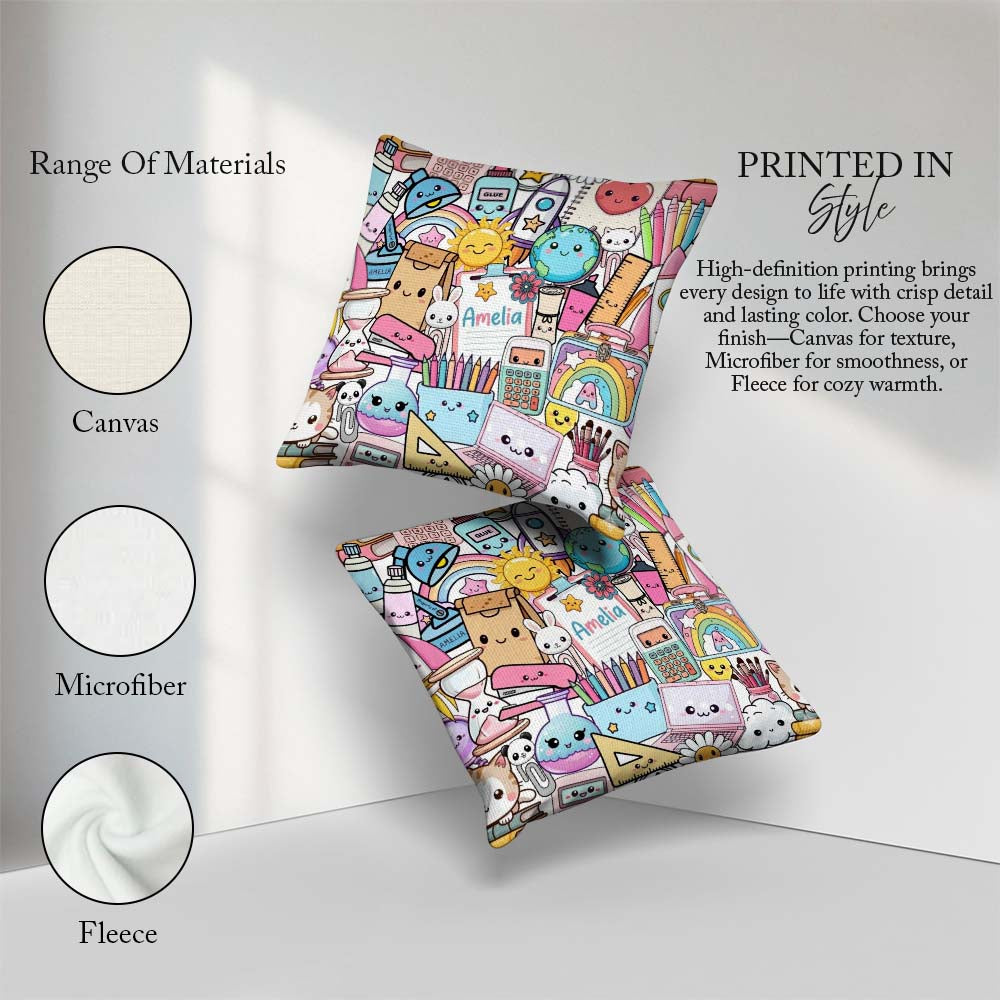 Custom Name Cute Kawaii School Supplies Science Art Pattern Grey Square Filled Cushion Throw Pillow Sofa Bed Home Decor Zip Washable UK Made