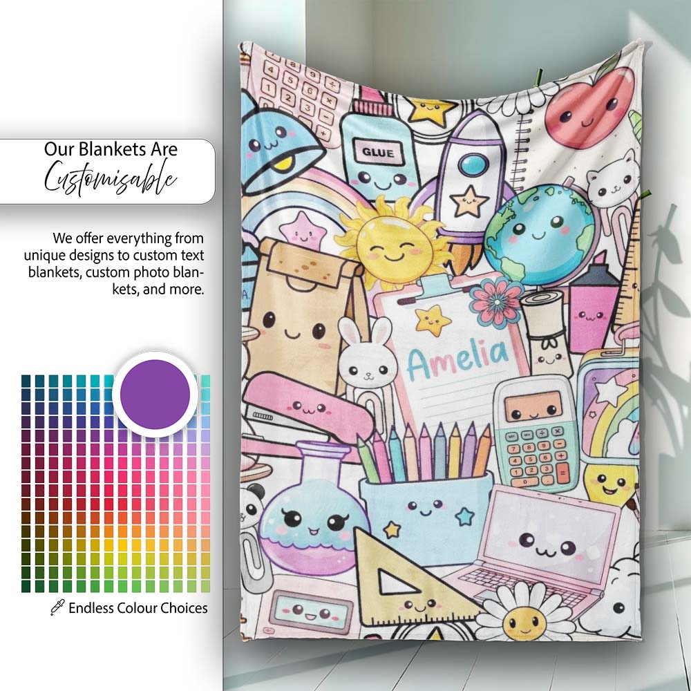 Cute Kawaii School Supplies Science Art Cute Pattern Grey Background Personalised Custom Name Super Soft Fleece Blanket Bed Sofa Throw