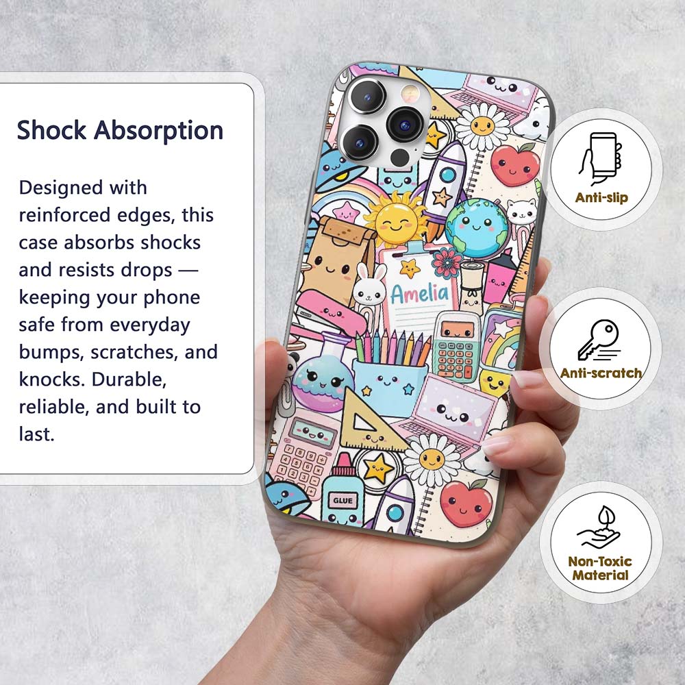 Cute Kawaii School Supplies Science Art Cute Custom Name Protective Phone Case Mobile Cover Durable Everyday Smartphone Shock Resistant