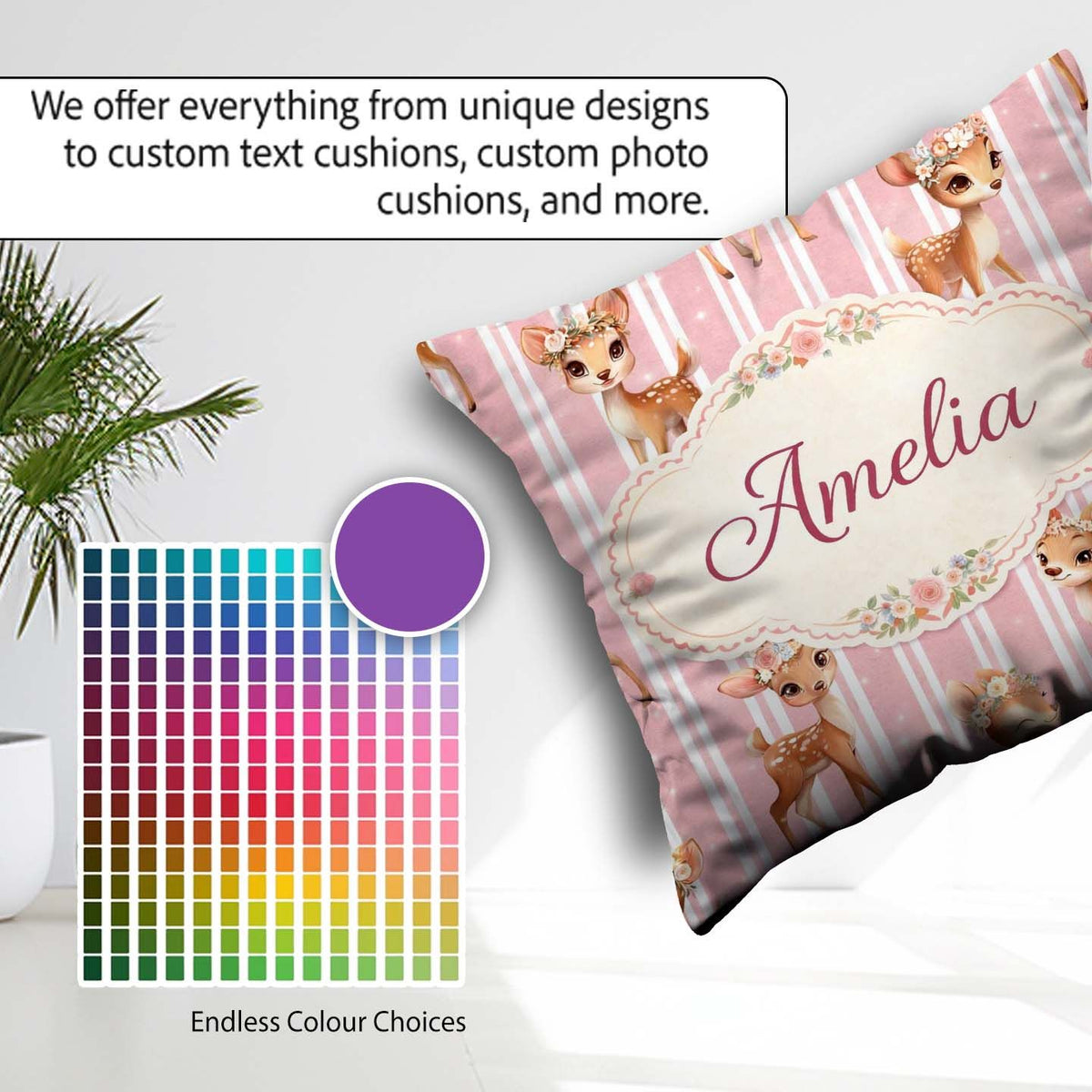 Custom Name Baby Deer Pink Stripes Floral Crown Seamless Pattern Square Filled Cushion Throw Pillow Sofa Bed Home Decor Zip Washable UK Made