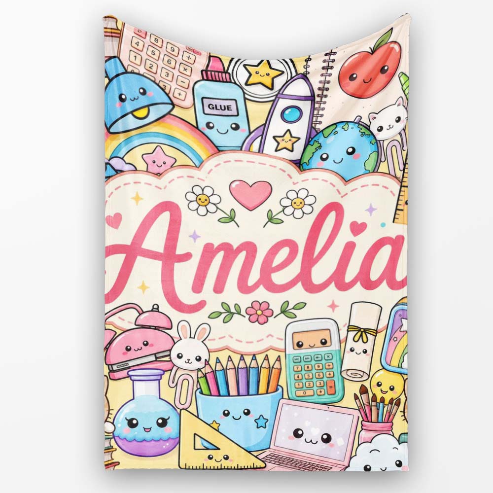 Cute Kawaii School Supplies Science Art Cute Pattern Yellow Lovely Personalised Custom Name Super Soft Fleece Blanket Bed Sofa Throw
