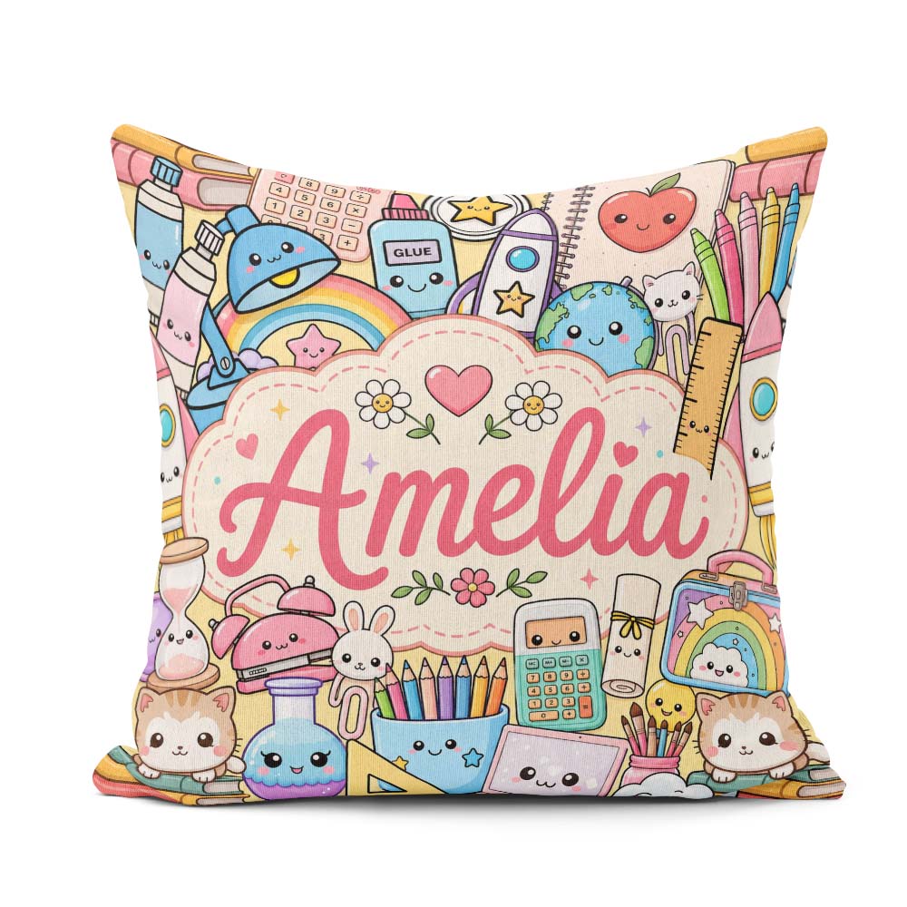 Custom Name Kawaii School Supplies Science Art Pattern Yellow Square Filled Cushion Throw Pillow Sofa Bed Home Decor Zip Washable UK Made
