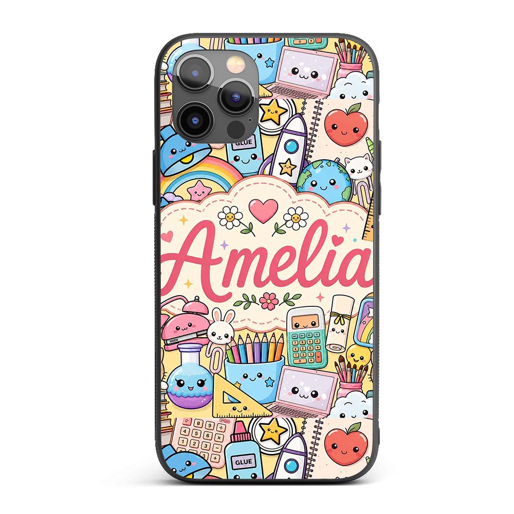 Cute Kawaii School Supplies Science Art Cute Custom Name Protective Phone Case Mobile Cover Durable Everyday Smartphone Shock Resistant