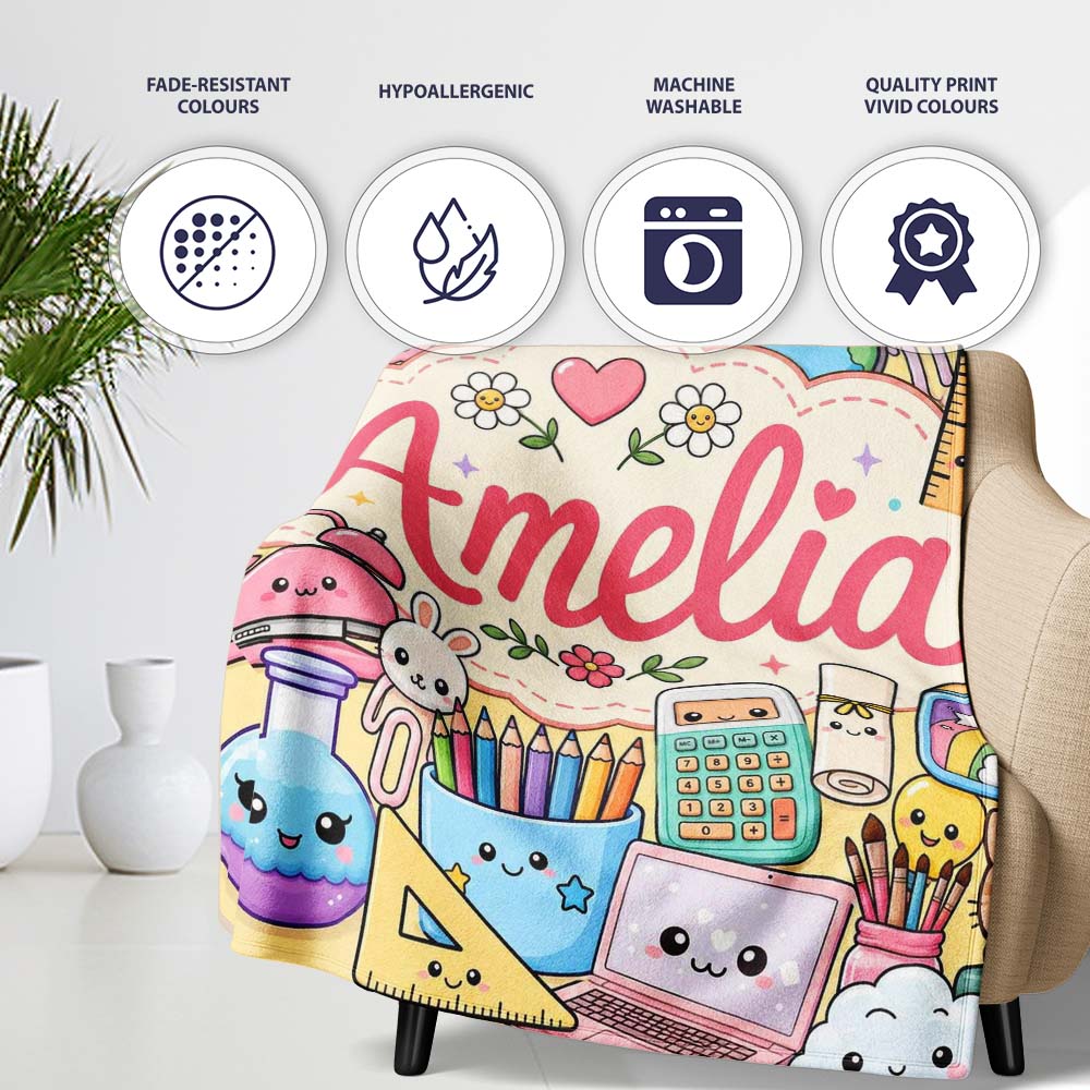 Cute Kawaii School Supplies Science Art Cute Pattern Yellow Lovely Personalised Custom Name Super Soft Fleece Blanket Bed Sofa Throw