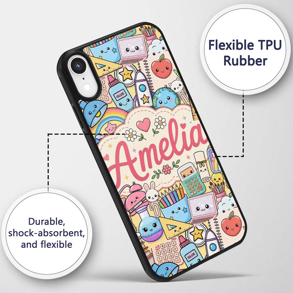 Cute Kawaii School Supplies Science Art Cute Custom Name Protective Phone Case Mobile Cover Durable Everyday Smartphone Shock Resistant