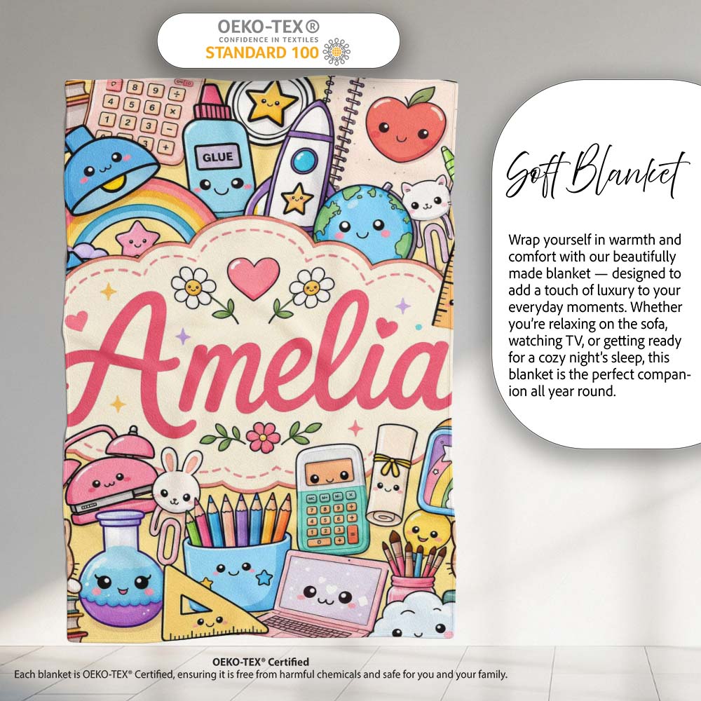 Cute Kawaii School Supplies Science Art Cute Pattern Yellow Lovely Personalised Custom Name Super Soft Fleece Blanket Bed Sofa Throw