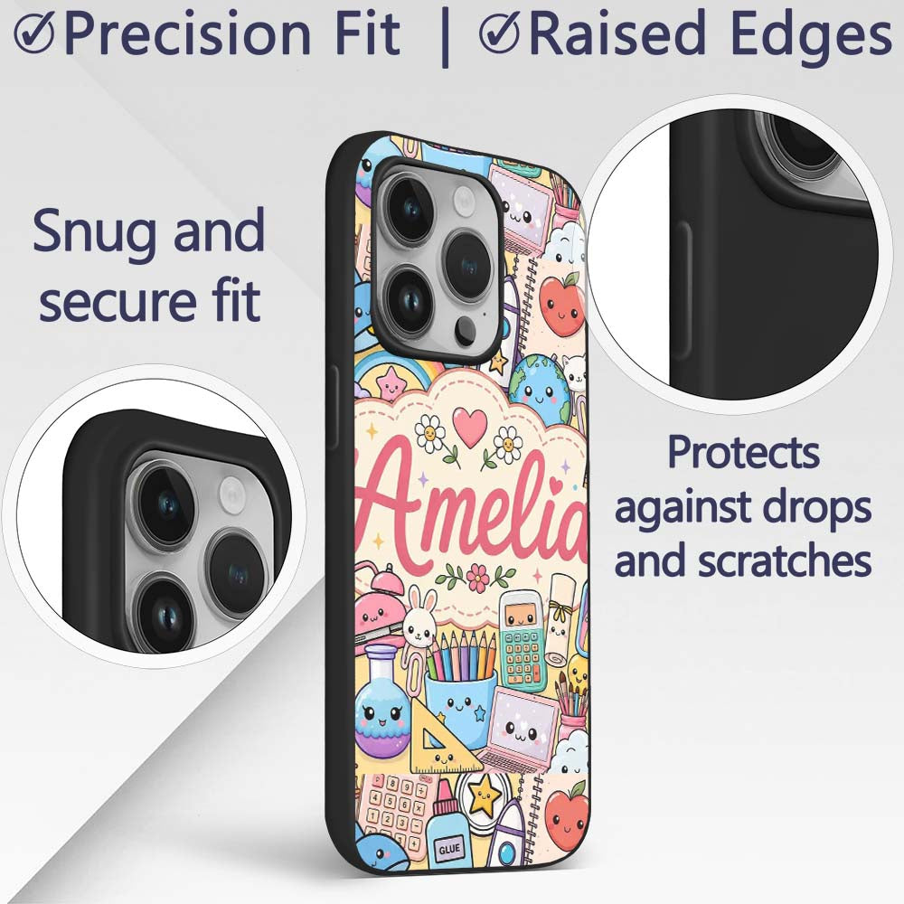 Cute Kawaii School Supplies Science Art Cute Custom Name Protective Phone Case Mobile Cover Durable Everyday Smartphone Shock Resistant
