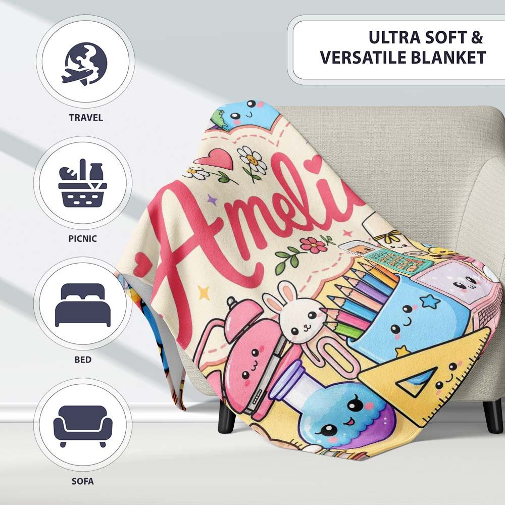 Cute Kawaii School Supplies Science Art Cute Pattern Yellow Lovely Personalised Custom Name Super Soft Fleece Blanket Bed Sofa Throw