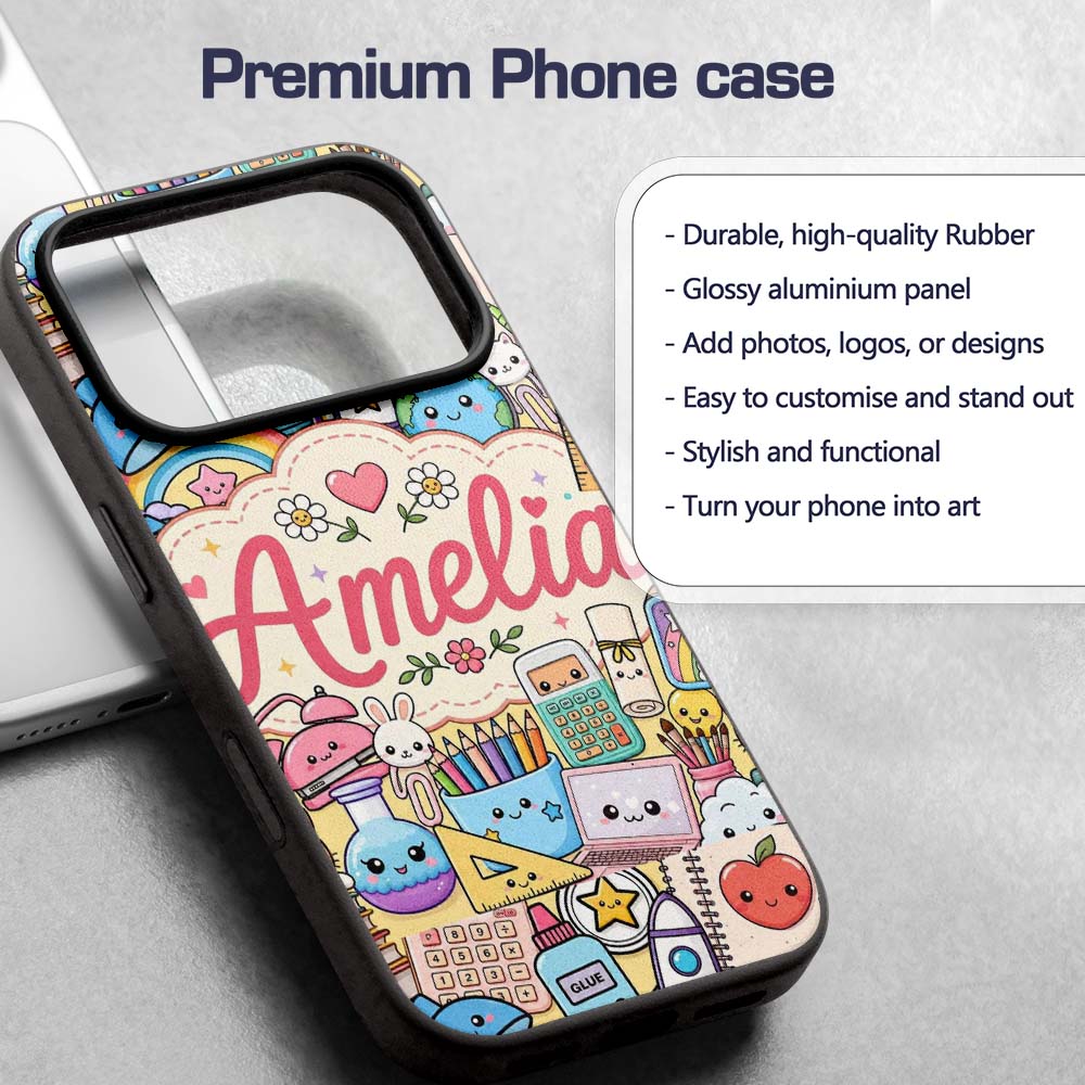 Cute Kawaii School Supplies Science Art Cute Custom Name Protective Phone Case Mobile Cover Durable Everyday Smartphone Shock Resistant