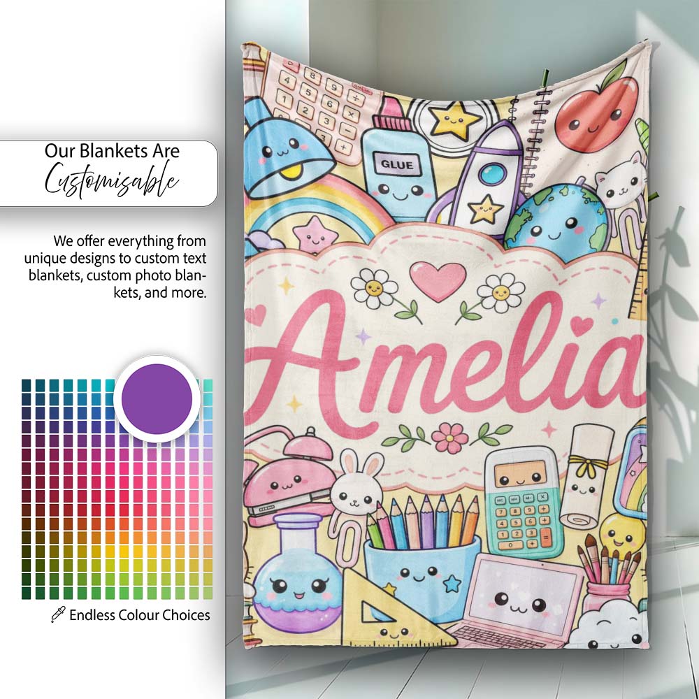 Cute Kawaii School Supplies Science Art Cute Pattern Yellow Lovely Personalised Custom Name Super Soft Fleece Blanket Bed Sofa Throw