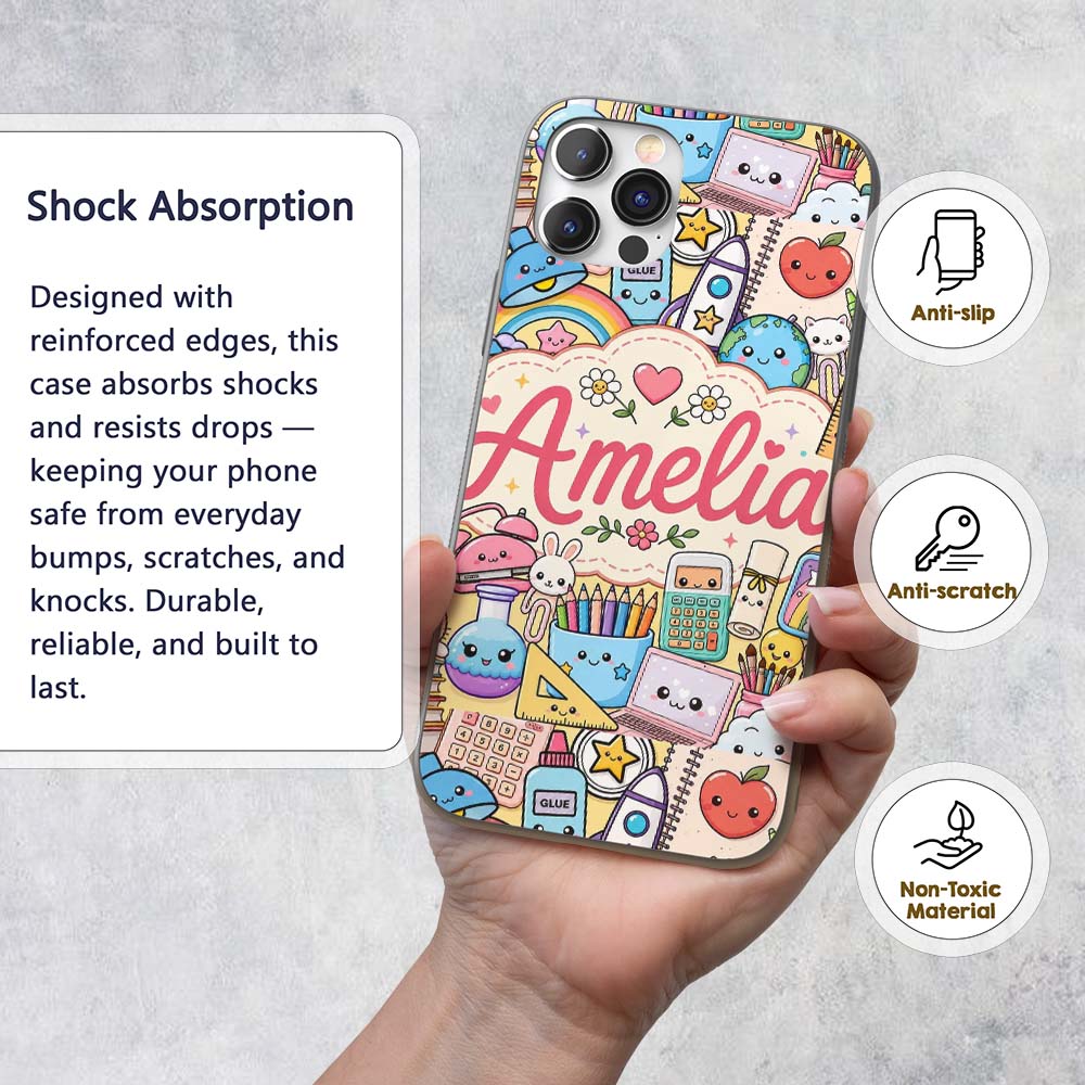 Cute Kawaii School Supplies Science Art Cute Custom Name Protective Phone Case Mobile Cover Durable Everyday Smartphone Shock Resistant