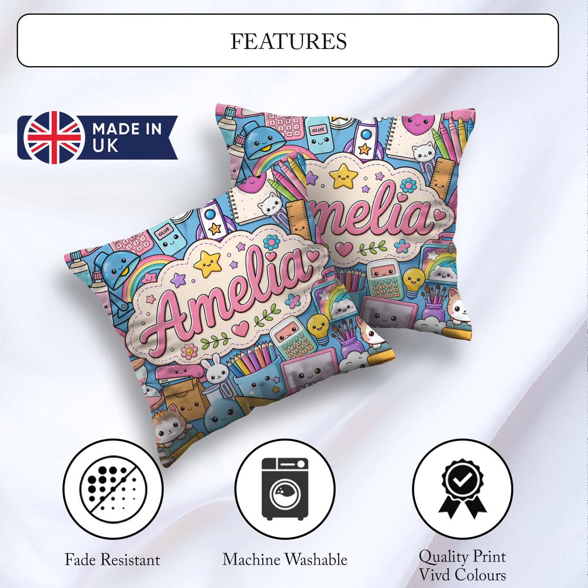 Custom Name Cute Kawaii School Supplies Science Art Pattern Blue Square Filled Cushion Throw Pillow Sofa Bed Home Decor Zip Washable UK Made