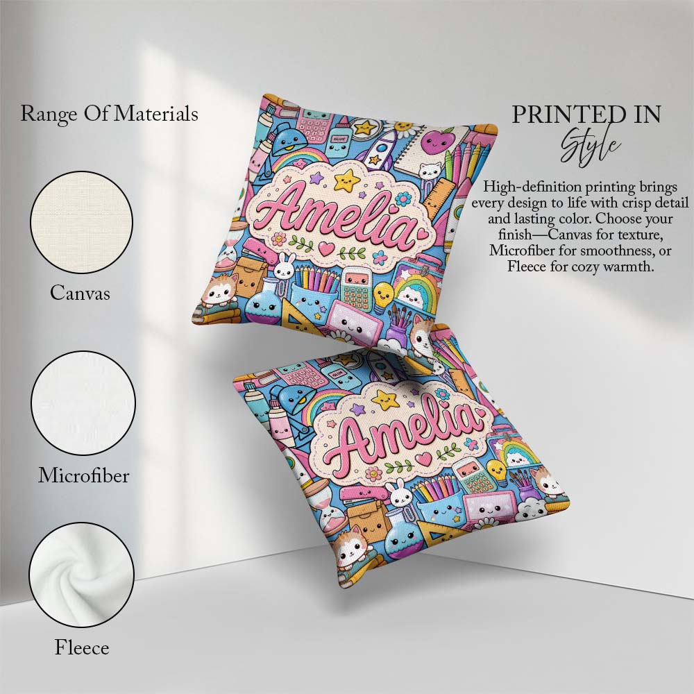 Custom Name Cute Kawaii School Supplies Science Art Pattern Blue Square Filled Cushion Throw Pillow Sofa Bed Home Decor Zip Washable UK Made