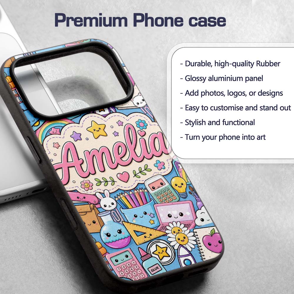 Cute Kawaii School Supplies Science Art Cute Custom Name Protective Phone Case Mobile Cover Durable Everyday Smartphone Shock Resistant