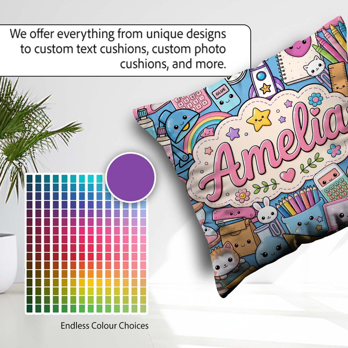 Custom Name Cute Kawaii School Supplies Science Art Pattern Blue Square Filled Cushion Throw Pillow Sofa Bed Home Decor Zip Washable UK Made