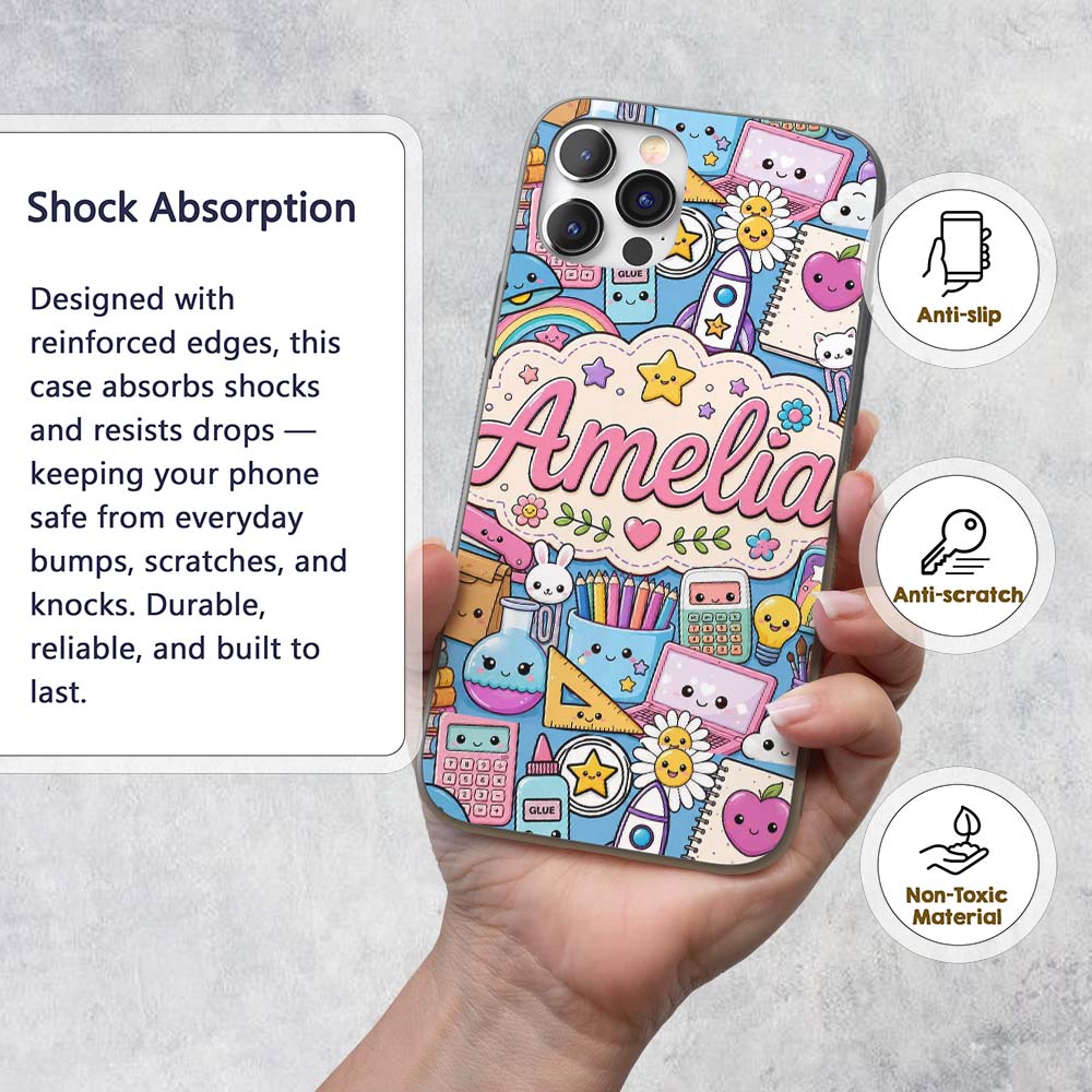 Cute Kawaii School Supplies Science Art Cute Custom Name Protective Phone Case Mobile Cover Durable Everyday Smartphone Shock Resistant