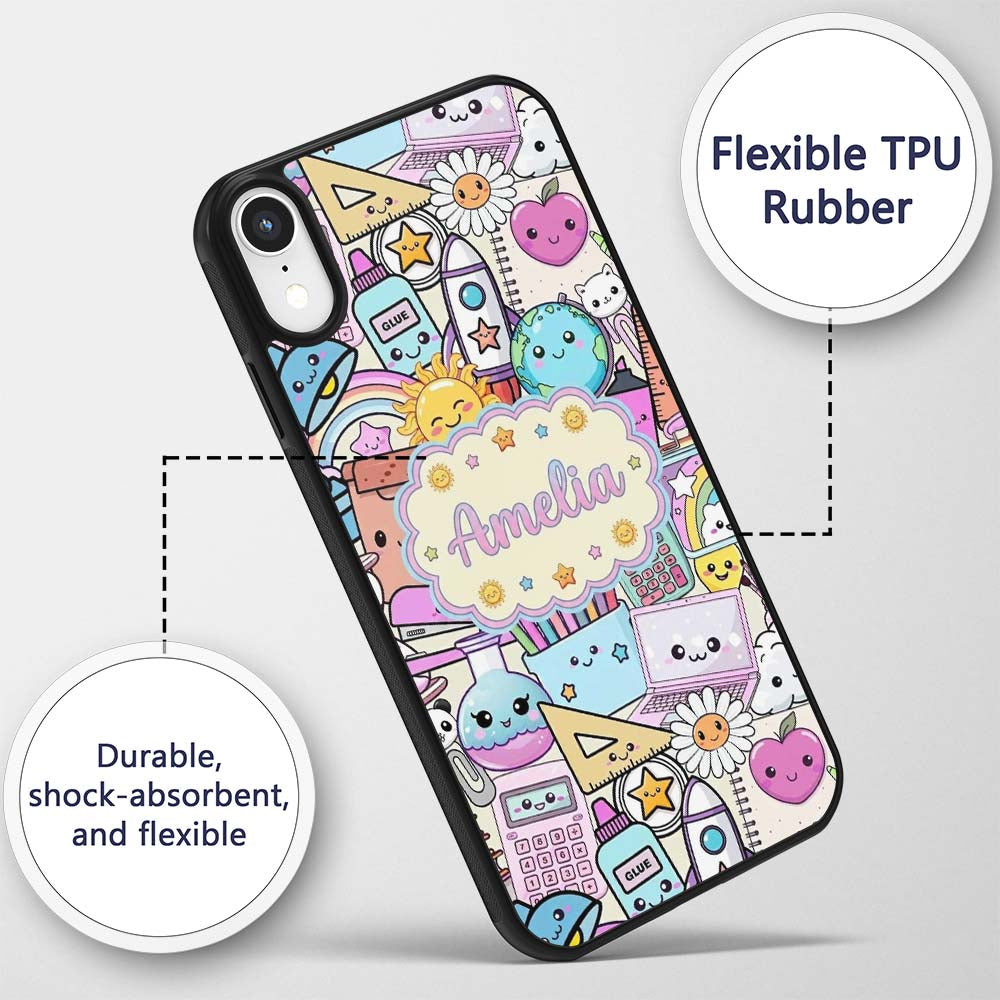 Cute Kawaii School Supplies Science Art Cute Custom Name Protective Phone Case Mobile Cover Durable Everyday Smartphone Shock Resistant