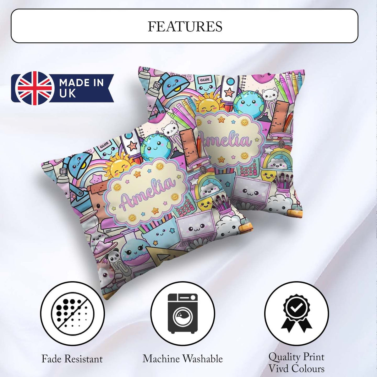 Custom Name Kawaii School Supplies Science Art Pattern Purple Square Filled Cushion Throw Pillow Sofa Bed Home Decor Zip Washable UK Made
