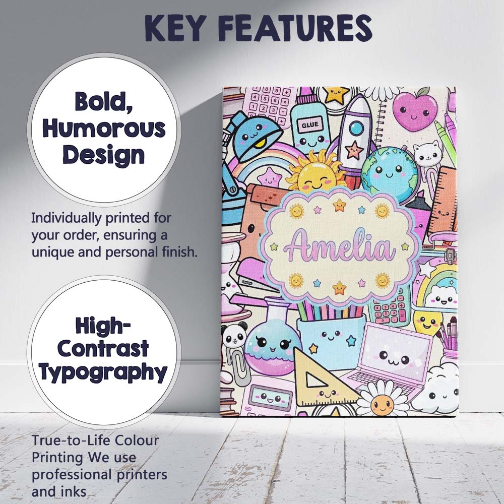 Personalised Name Cute Kawaii School Custom Premium Decorative Design Modern Room Accent Canvas Wall Art Print Decor Picture Ready to Hang