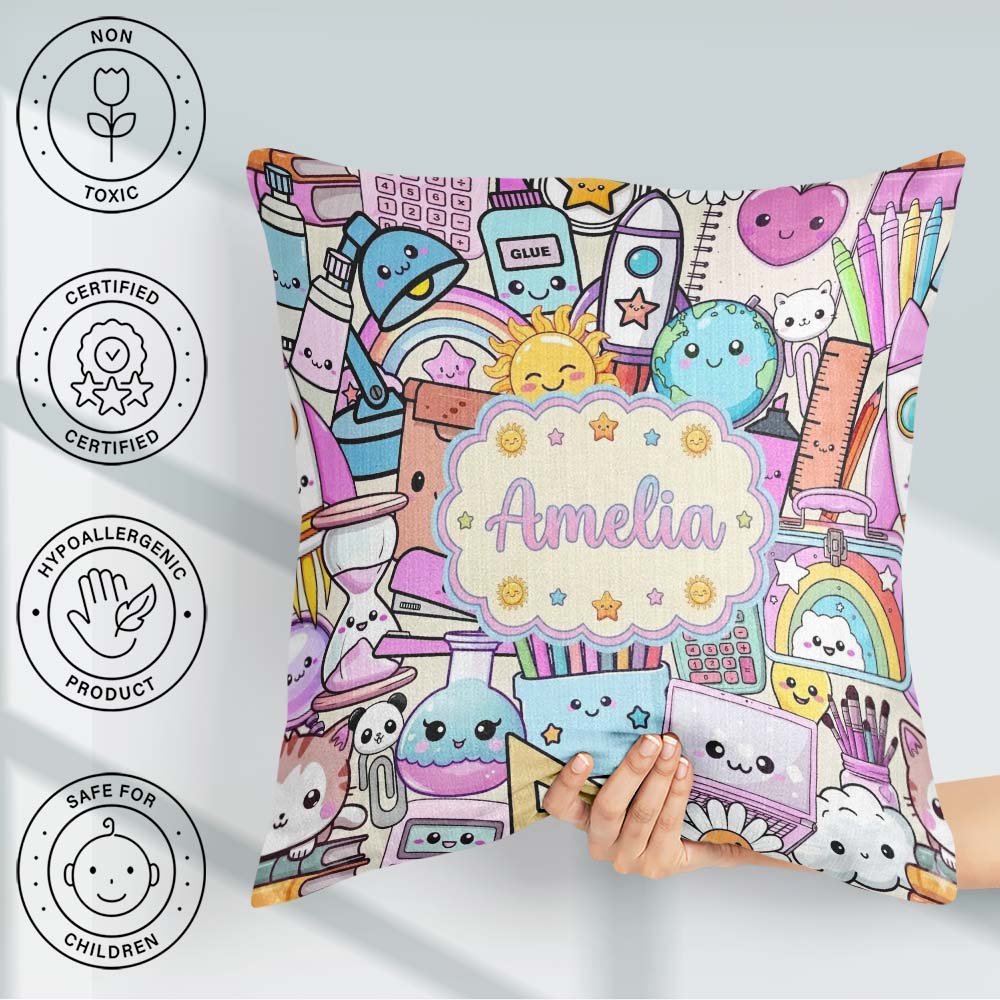 Custom Name Kawaii School Supplies Science Art Pattern Purple Square Filled Cushion Throw Pillow Sofa Bed Home Decor Zip Washable UK Made