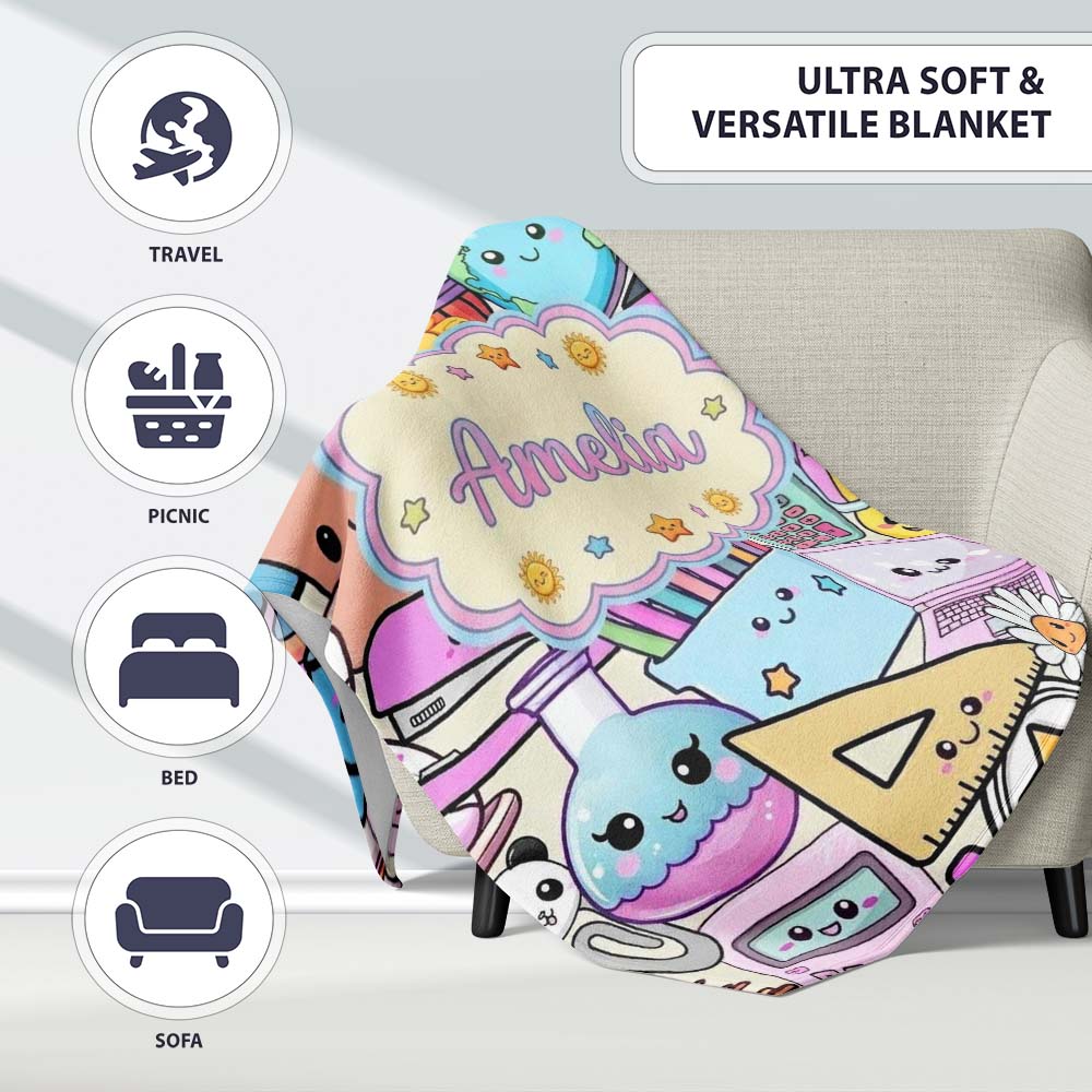 Cute Kawaii School Supplies Science Art Cute Pattern Purple Lovely Personalised Custom Name Super Soft Fleece Blanket Bed Sofa Throw