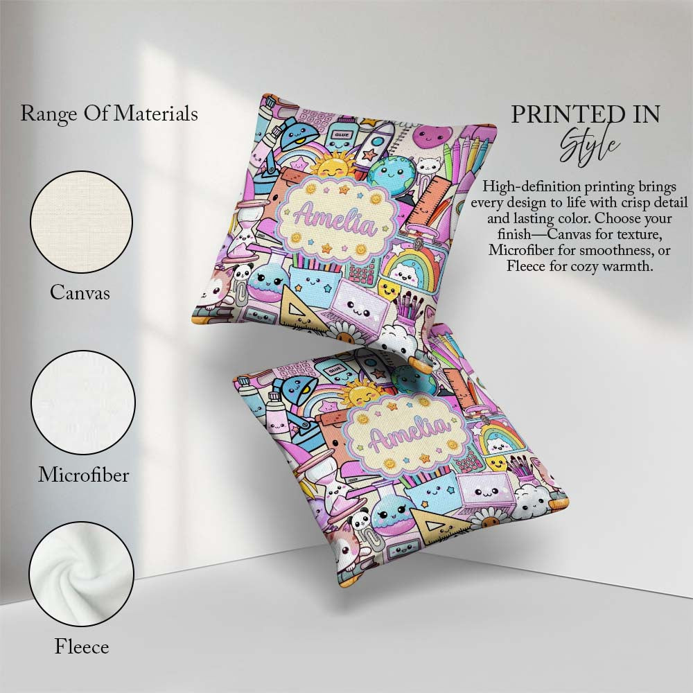 Custom Name Kawaii School Supplies Science Art Pattern Purple Square Filled Cushion Throw Pillow Sofa Bed Home Decor Zip Washable UK Made