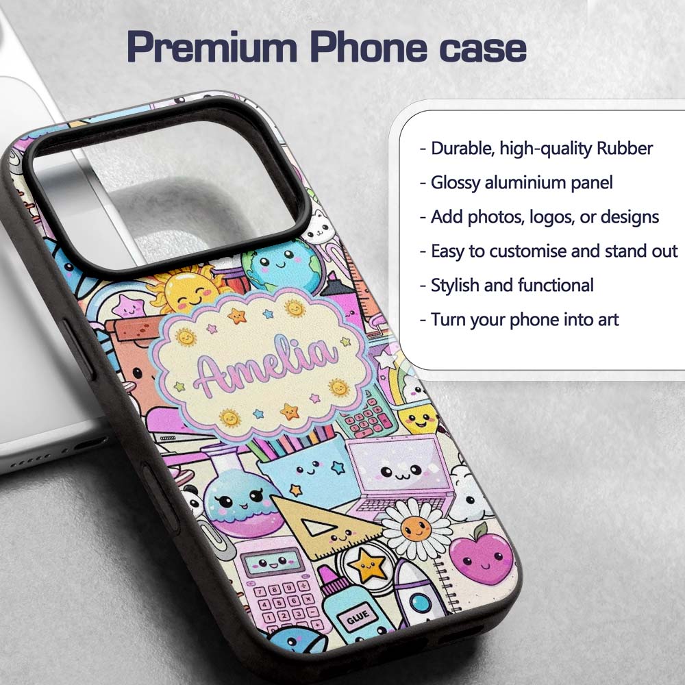 Cute Kawaii School Supplies Science Art Cute Custom Name Protective Phone Case Mobile Cover Durable Everyday Smartphone Shock Resistant