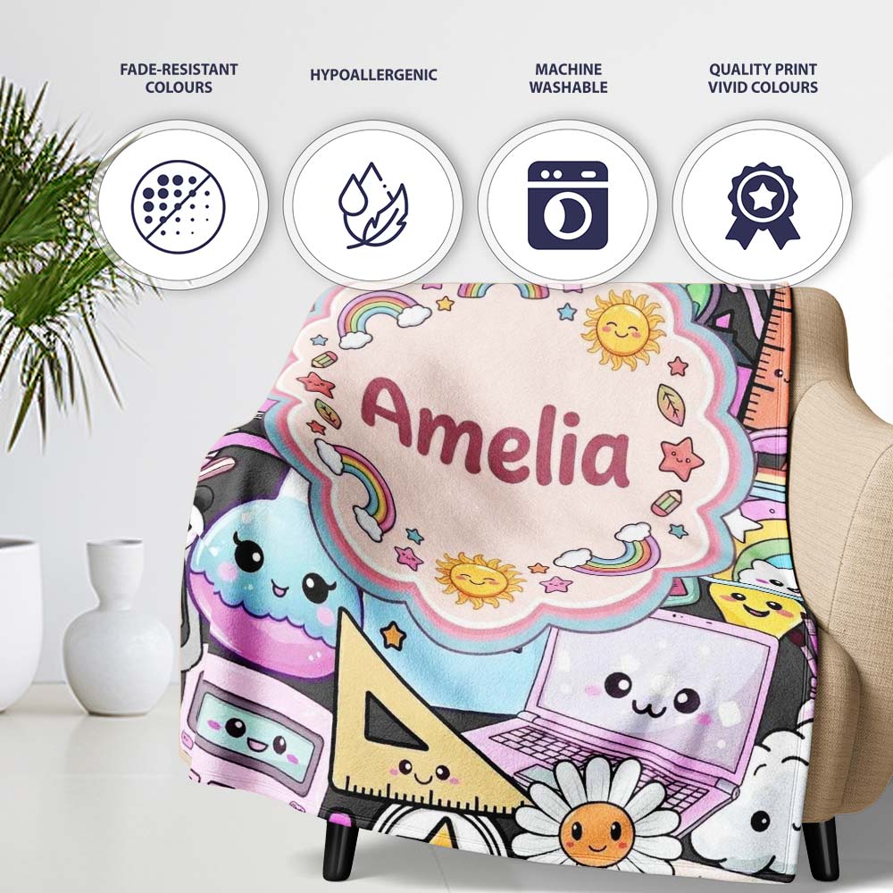 Cute Kawaii School Supplies Rainbow Sun Globe Notebook Pattern Grey Personalised Custom Name Super Soft Fleece Blanket Bed Sofa Throw