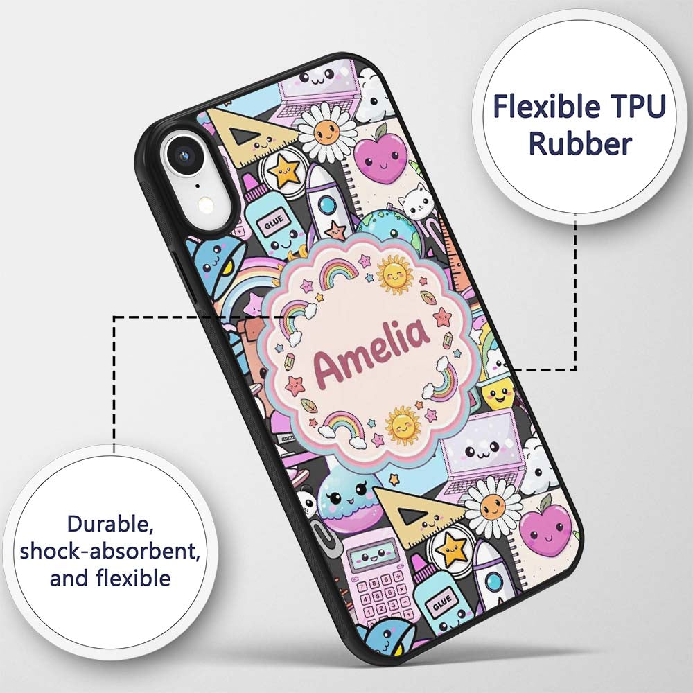 Cute Kawaii School Supplies Rainbow Sun Globe Custom Name Protective Phone Case Mobile Cover Durable Everyday Smartphone Shock Resistant