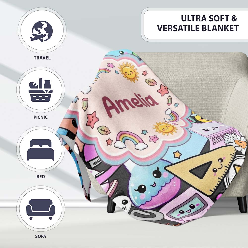 Cute Kawaii School Supplies Rainbow Sun Globe Notebook Pattern Grey Personalised Custom Name Super Soft Fleece Blanket Bed Sofa Throw