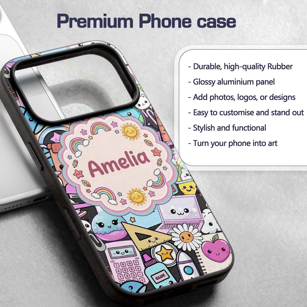 Cute Kawaii School Supplies Rainbow Sun Globe Custom Name Protective Phone Case Mobile Cover Durable Everyday Smartphone Shock Resistant