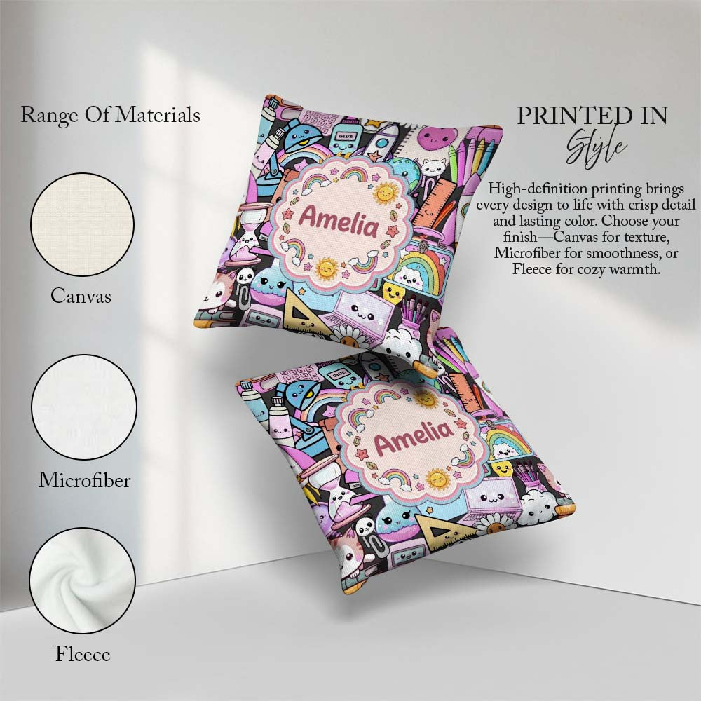 Custom Name Cute Kawaii Supplies Rainbow Sun Globe Notebook Grey Square Filled Cushion Throw Pillow Sofa Bed Home Decor Zip Washable UK Made
