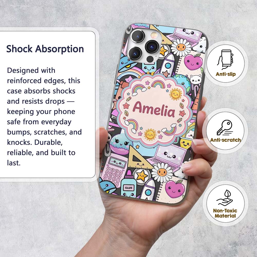 Cute Kawaii School Supplies Rainbow Sun Globe Custom Name Protective Phone Case Mobile Cover Durable Everyday Smartphone Shock Resistant