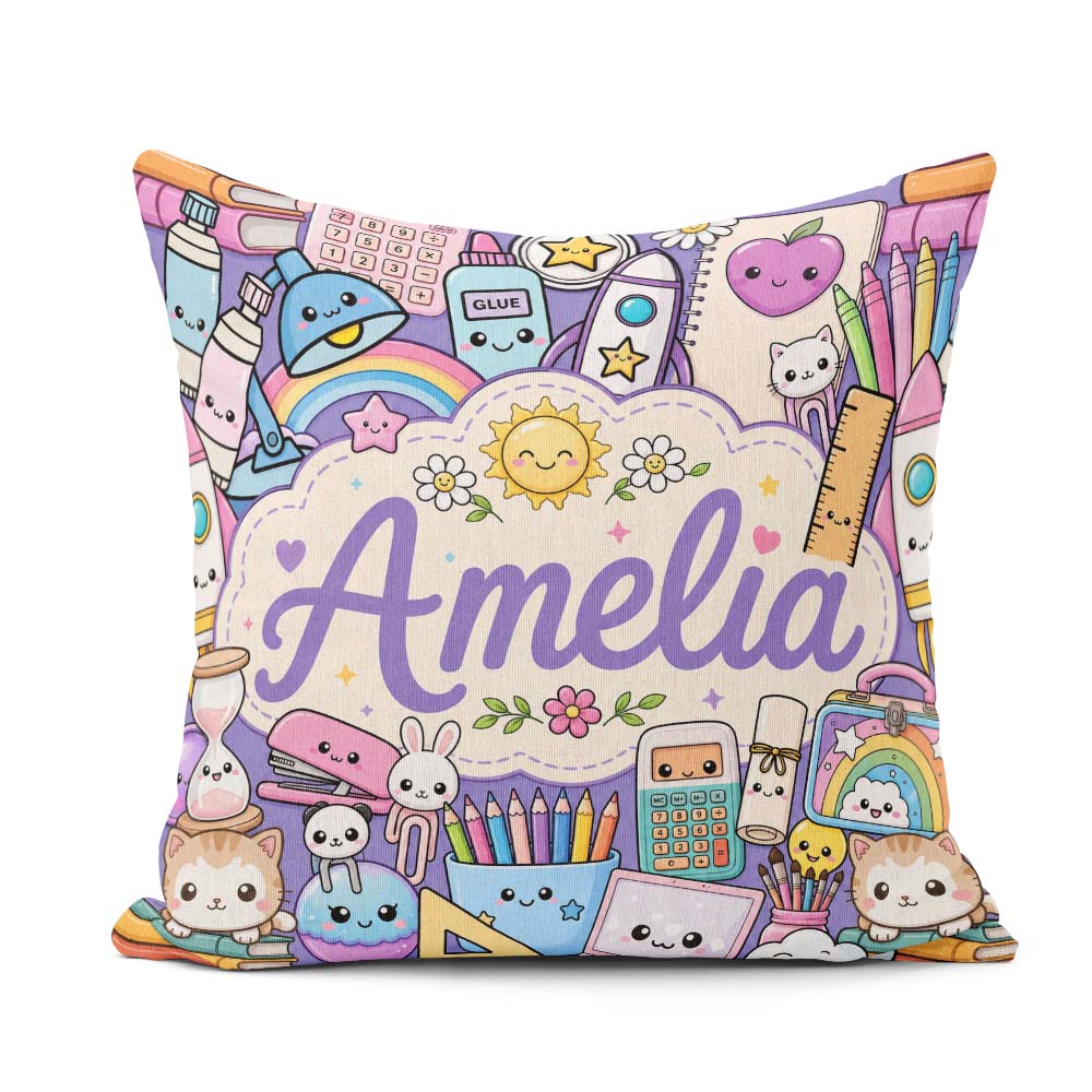 Custom Name Cute Kawaii School Supplies Rainbow Sun Globe Purple Square Filled Cushion Throw Pillow Sofa Bed Home Decor Zip Washable UK Made