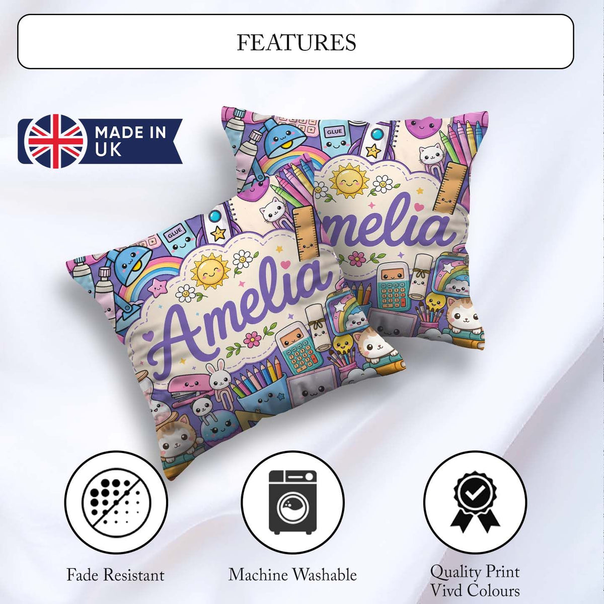 Custom Name Cute Kawaii School Supplies Rainbow Sun Globe Purple Square Filled Cushion Throw Pillow Sofa Bed Home Decor Zip Washable UK Made