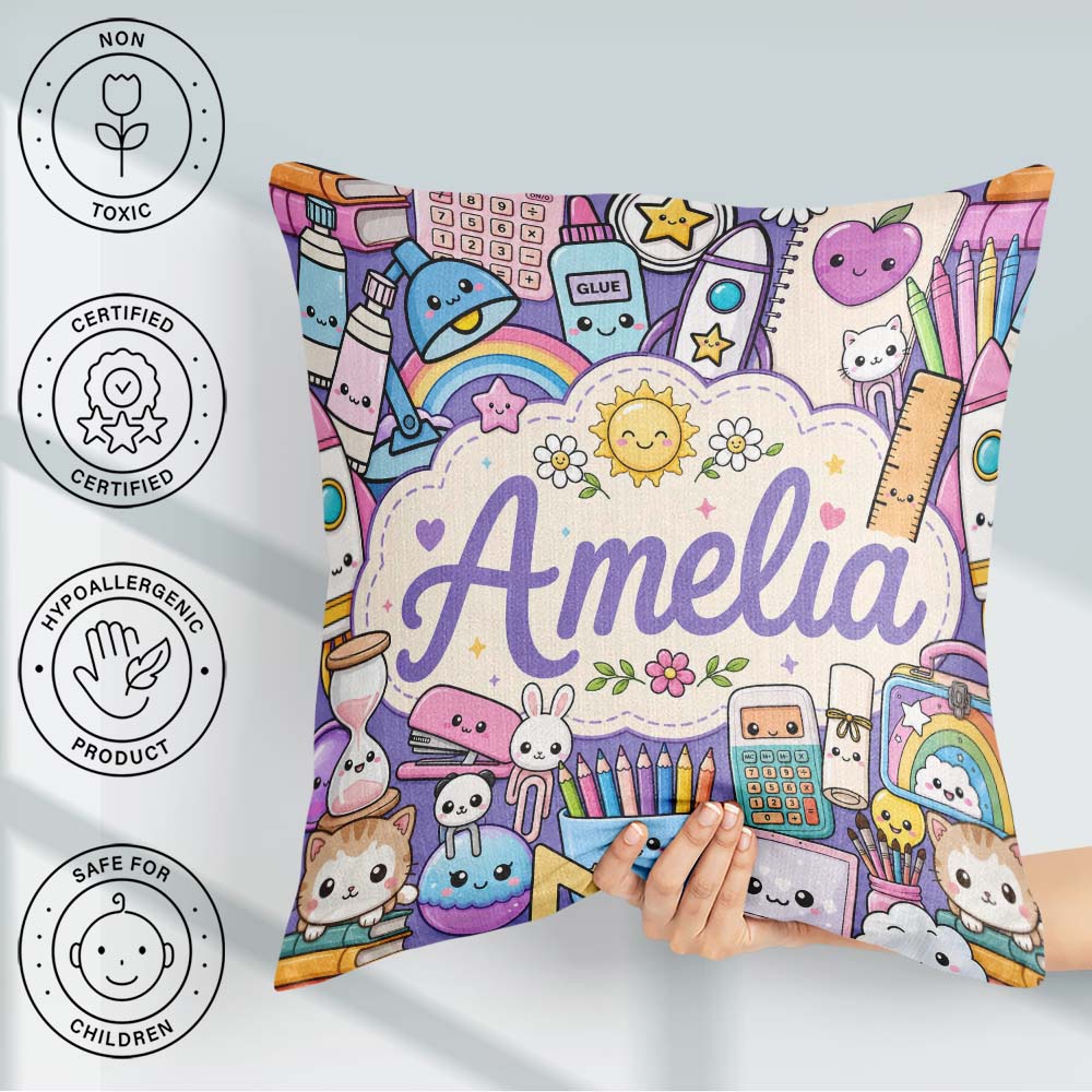 Custom Name Cute Kawaii School Supplies Rainbow Sun Globe Purple Square Filled Cushion Throw Pillow Sofa Bed Home Decor Zip Washable UK Made