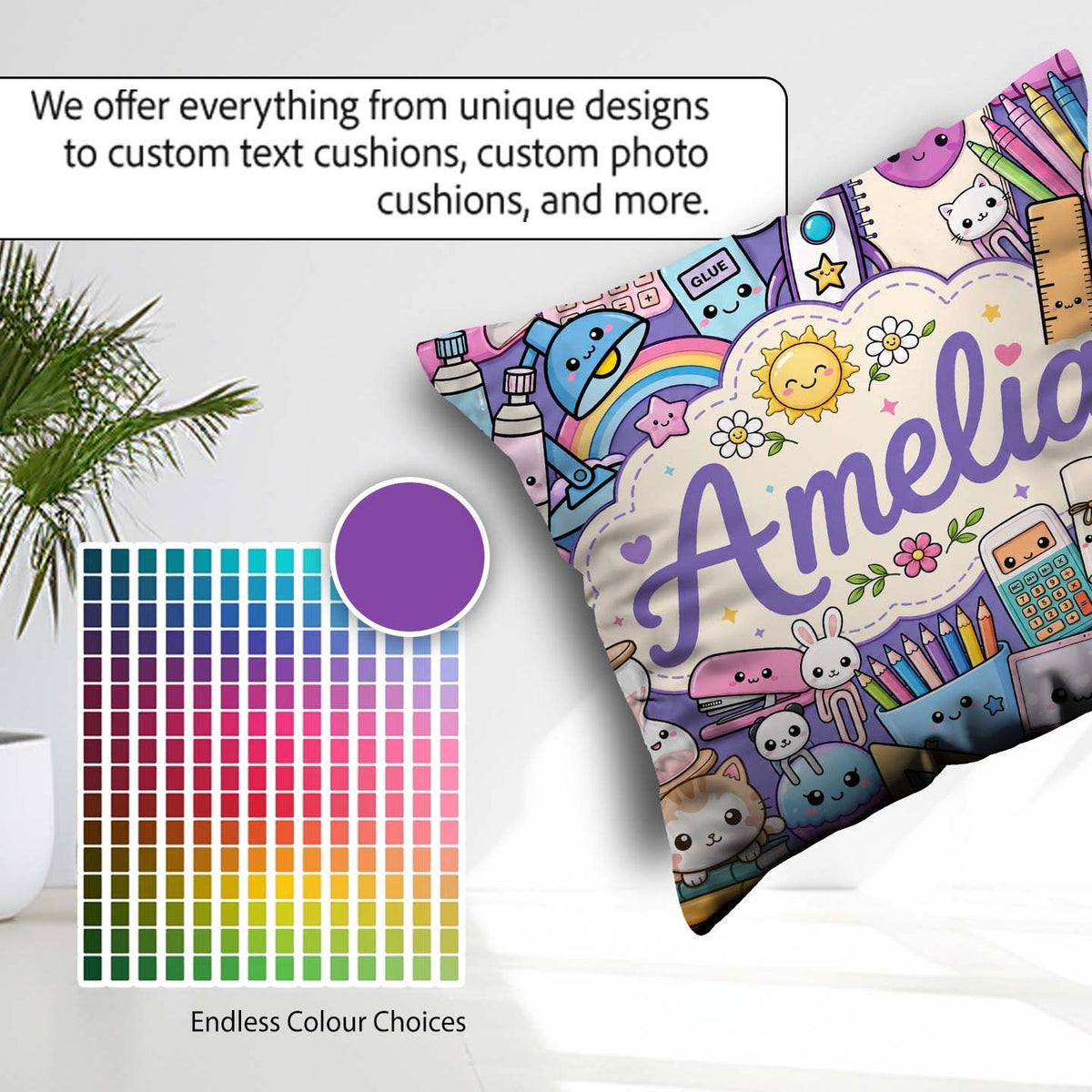 Custom Name Cute Kawaii School Supplies Rainbow Sun Globe Purple Square Filled Cushion Throw Pillow Sofa Bed Home Decor Zip Washable UK Made